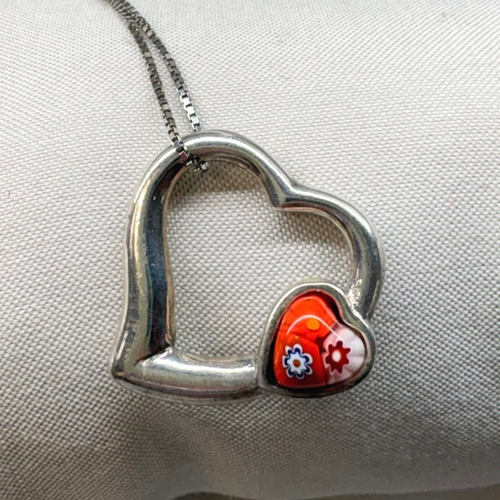 Alan K Heart Necklace OS Red Good Sterling Silver Murano Glass Millefiori 925